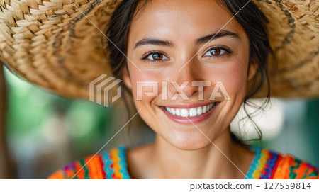 Smiling Woman in Traditional Mexican Hat and Colorful Embroidered Blouse 127559814