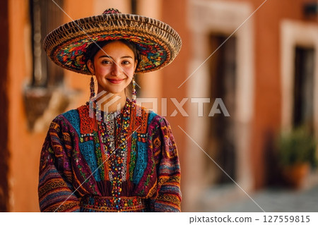Woman in Detailed Mexican Dress and Sombrero on Historic Street 127559815