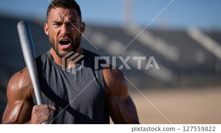 Shouting Athlete Holding Baseball Bat in Stadium 127559822