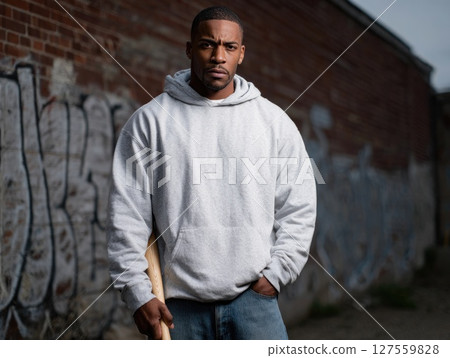 Athletic Male in Hoodie Holding Bat in Alley 127559828