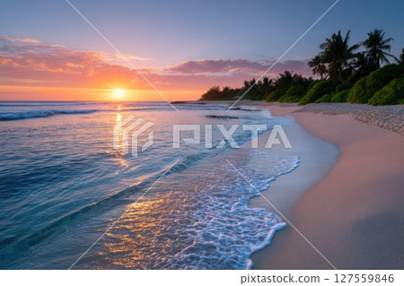 Colorful Sunset on Tropical Shoreline 127559846