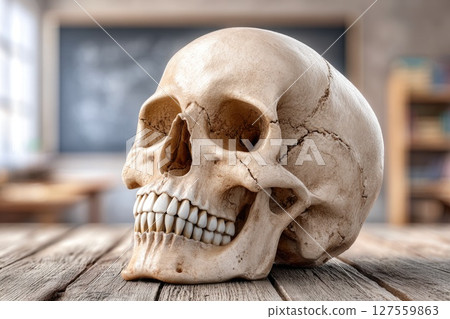 Human Skull on Wooden Table in Classroom Setting Human Skull on Wooden Table in Classroom Setting 127559863