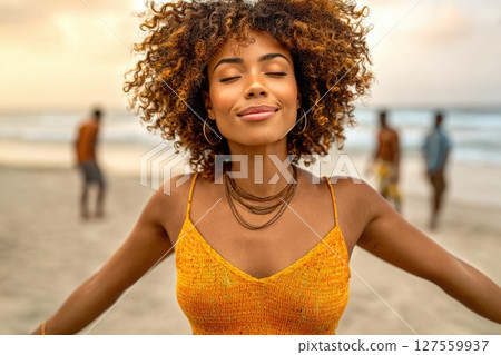 Joyful Woman Enjoying the Beach Breeze Joyful Woman Enjoying the Beach Breeze 127559937