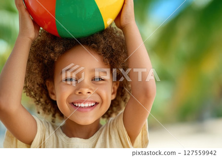 Cheerful Child with Beach Ball in Paradise Cheerful Child with Beach Ball in Paradise 127559942