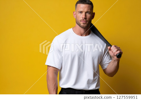 Confident Baseball Player Holding Bat on Yellow Background 127559951