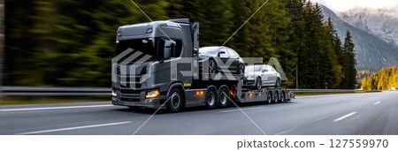 Modern Car Carrier Truck Transporting Vehicles on Mountain Highway Modern Car Carrier Truck Transporting Vehicles on Mountain Highway 127559970