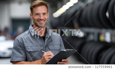 Smiling Mechanic Holding Clipboard in Workshop Smiling Mechanic Holding Clipboard in Workshop 127559991
