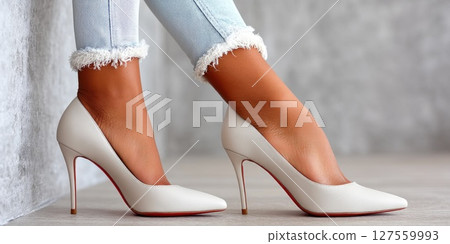 Woman Wearing Beige High Heels Woman Wearing Beige High Heels 127559993
