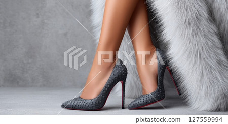 Grey Textured High Heels and Fur Coat Grey Textured High Heels and Fur Coat 127559994