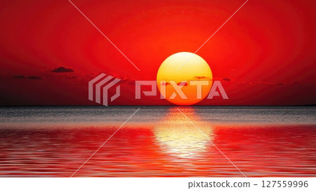 Fiery Sun Setting Over Serene Sea with Bold Colors Fiery Sun Setting Over Serene Sea with Bold Colors 127559996