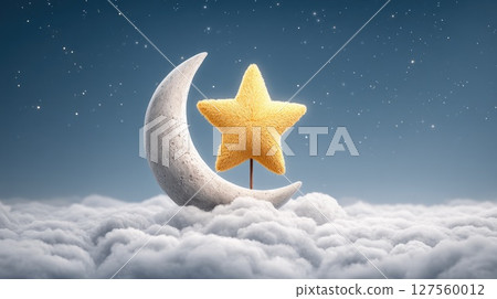 Crescent Moon and Star on Cloud Bed Under Starry Sky 127560012