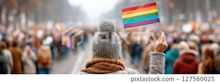 LGBTQ+ Rights Supporter Holding Rainbow Flag at Protest 127560025