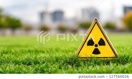 Radiation Hazard Sign on Green Grass Near City 127560026