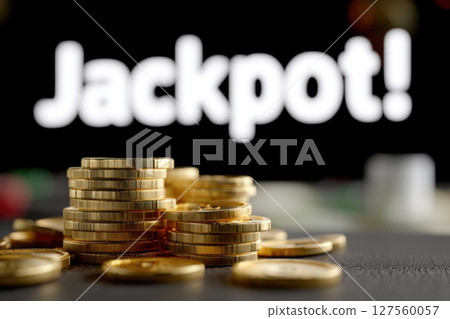 Close-Up View of Gold Coins and Jackpot Text 127560057