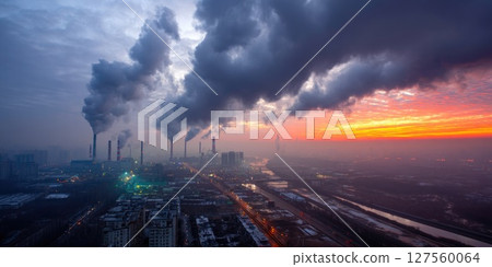 Factory Emissions and City Pollution at Sunset 127560064