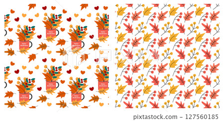 Autumn leaves in Mug With Hello Autumn text and Leaves and Twig Seamless Pattern Autumn Backdrop Set 127560185
