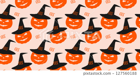 Hand Drawn Halloween Pumpkin in Witch Hat and Decorative element Seamless pattern Halloween Greeting 127560188