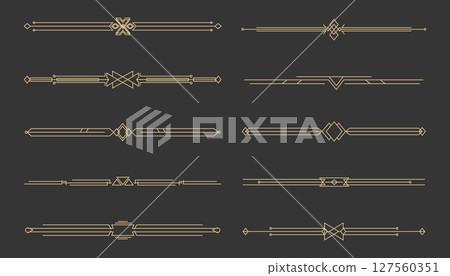 Art deco golden retro divider, border. Line frame vintage geometry gold elegant decoration. Set ornate decor elements. Art deco golden retro divider, border. Line frame vintage geometry gold elegant decoration. Set ornate decor elements. 127560351