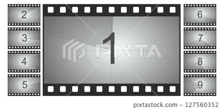 Countdown movie frame, film intro animation retro video screen. Start Timer set, film strip border, Vintage counter. 127560352