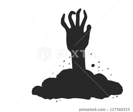 Spooky zombie hand silhouette rising from the ground on Halloween night. Vector horror element for scary design. Creepy Halloween hand silhouette reaching up from the graveyard soil Spooky zombie hand silhouette rising from the ground on Halloween night. Vector horror element for scary design. Creepy Halloween hand silhouette reaching up from the graveyard soil 127560353