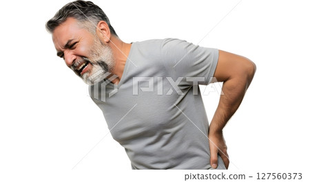 Hispanic middle aged man in gray shirt bending forward with intense lower back pain isolated on white background 127560373
