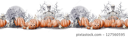 Seamless border with pumpkins and skeletons. Jack's head. Halloween border. Old black hat. Scary branches with cobwebs and full moon. Candles are burning. Watercolor illustration. Hand drawing.  127560595