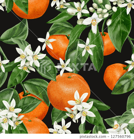 Seamless pattern with oranges and flowers on branches. White small flowers with citrus fruits. Leaves and petals. Watercolor illustration on dark background. Hand drawn. Vintage retro style.  127560796