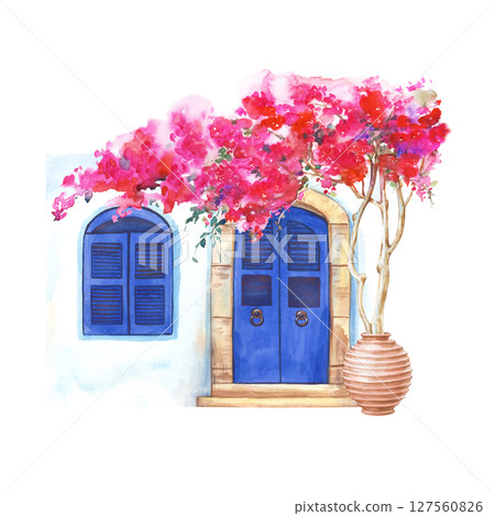 A hand-painted composition with a traditional Greek house and a bush of bright bougainvillea in a clay pot. Watercolor illustration of an architectural fragment with pink flowers. White house, blue 127560826