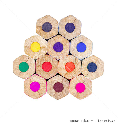 Colored pencils, ends are not sharpened, gathered in bundle, isolated on white background with clipping path Colored pencils, ends are not sharpened, gathered in bundle, isolated on white background with clipping path 127561032