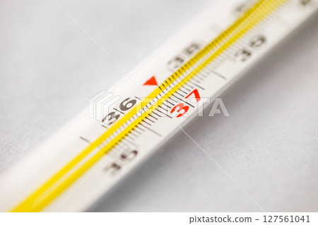 Thermometer for measuring human body temperature, close-up part selective focus 127561041