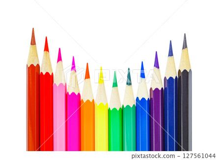 Colored pencils with facets lined with ladder, sharpened isolated on white background with clipping path 127561044