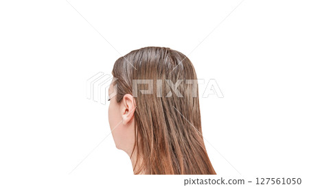 Women hair view from back-side of head, isolated on white background with clipping path 127561050