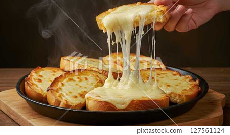 Woman's hand pulling a hot slice of toasted bread with melted cheese from a cast iron pan with steam. Delicious snack food for restaurant menu concept. Woman's hand pulling a hot slice of toasted bread with melted cheese from a cast iron pan with steam. Delicious snack food for restaurant menu concept. 127561124