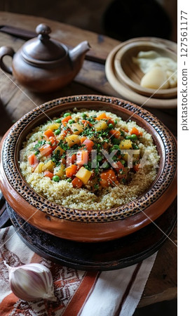 Algerian vegetable couscous. 127561177