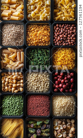 bulk bin filled with pasta and legumes. bulk bin filled with pasta and legumes. 127561194