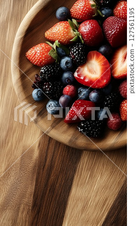Fresh fruit tart on wooden plate. 127561195