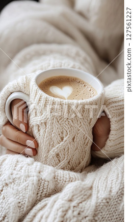 sweater arms wrapped around hot cocoa mug. 127561227