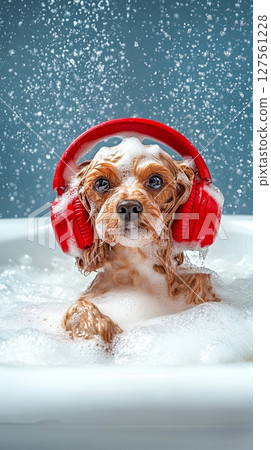 Poodle enjoying bubble bath with headphones. 127561228