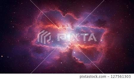 A pink-purple-gold nebula sparkles in the darkness of space 127561303