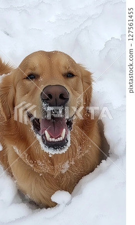 A golden retriever playing in the snow. 127561455