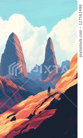 A person hiking in a mountainous landscape. 127561498