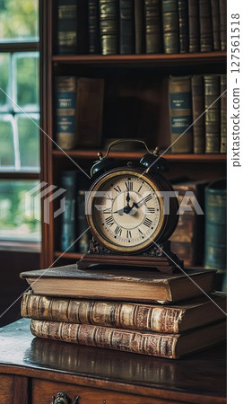 clock ticking in silent vintage study room. 127561518