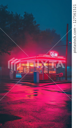 Roadside diner with neon lights. Roadside diner with neon lights. 127561521