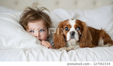 Young kid peeking over a pillow next to a cavalier king charles spaniel dog on the bed. Childhood and pet companionship concept. Young kid peeking over a pillow next to a cavalier king charles spaniel dog on the bed. Childhood and pet companionship concept. 127561534