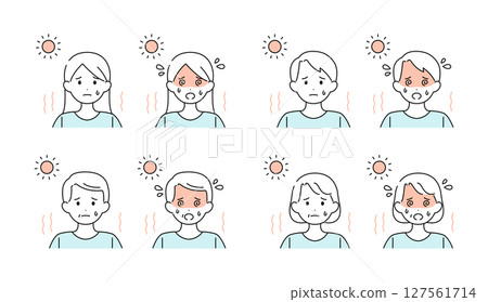 Heat stroke, men and women, elderly, summer, illustration material set, vector 127561714