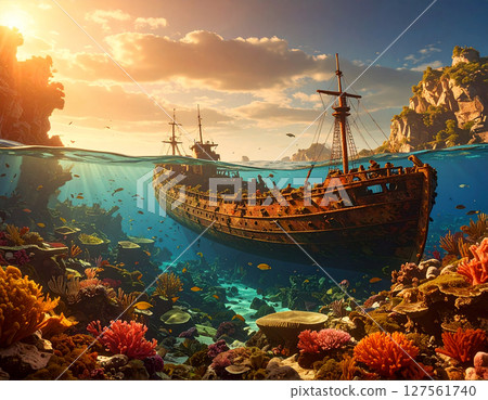 The sea dyed in the sunset, a shipwreck sinking in the deep sea 127561740