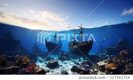 The sea dyed in the sunset, a shipwreck sinking in the deep sea 127561754