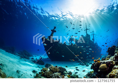The sea dyed in the sunset, a shipwreck sinking in the deep sea 127561755