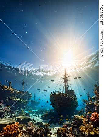 The sea dyed in the sunset, a shipwreck sinking in the deep sea 127561759