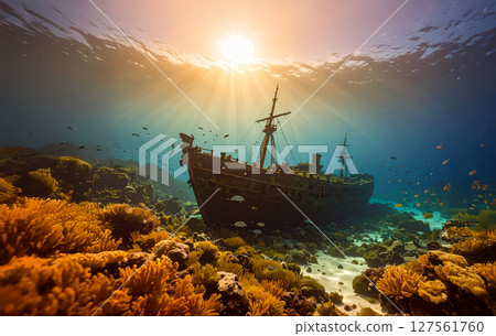 夕陽染紅的海，沉沒在深海的沉船 127561760